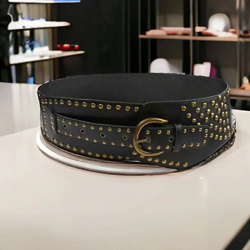 Black Wide Studded Leather Belt Waist Cinch Belt Antique Gold Buckle  NWT